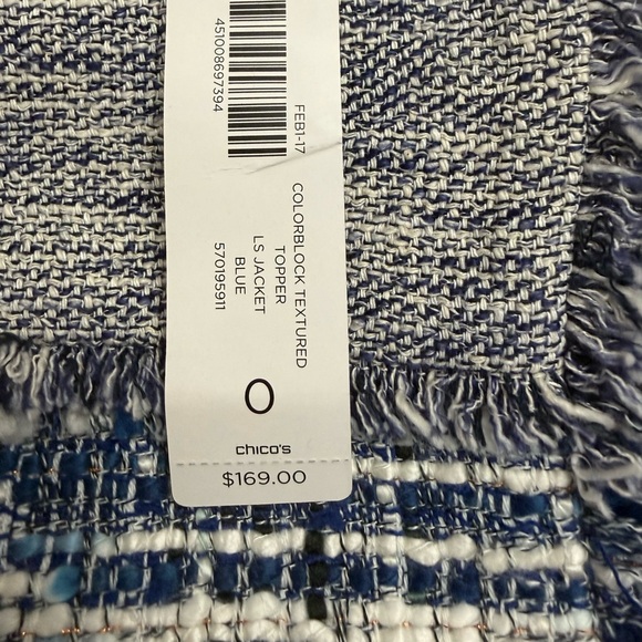 CHICO'S Tweed Longline Frayed Jacket Navy Blue Colorblock Size 0 (US 4/6 Small) - Picture 4 of 16